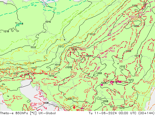 Theta-e 850hPa UK-Global Tu 11.06.2024 00 UTC