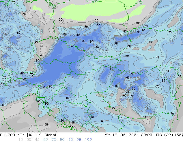 Humidité rel. 700 hPa UK-Global mer 12.06.2024 00 UTC