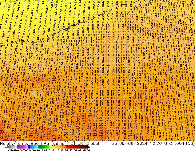 Yükseklik/Sıc. 850 hPa UK-Global Paz 09.06.2024 12 UTC