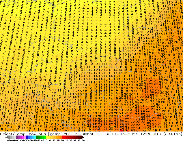 Height/Temp. 850 hPa UK-Global Tu 11.06.2024 12 UTC