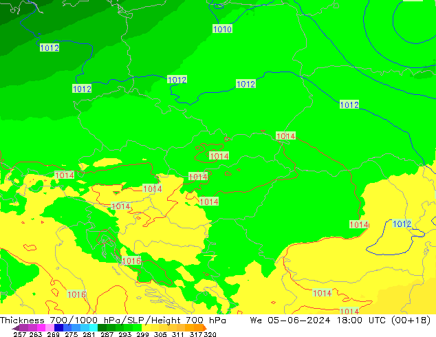 Espesor 700-1000 hPa UK-Global mié 05.06.2024 18 UTC