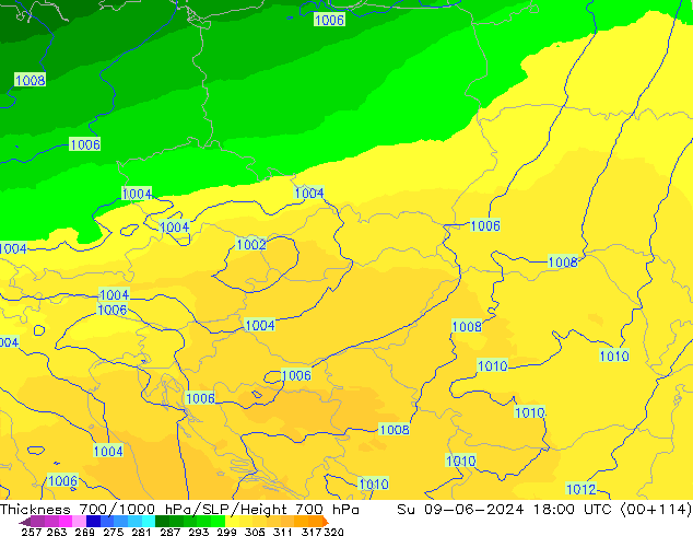 Dikte700-1000 hPa UK-Global zo 09.06.2024 18 UTC