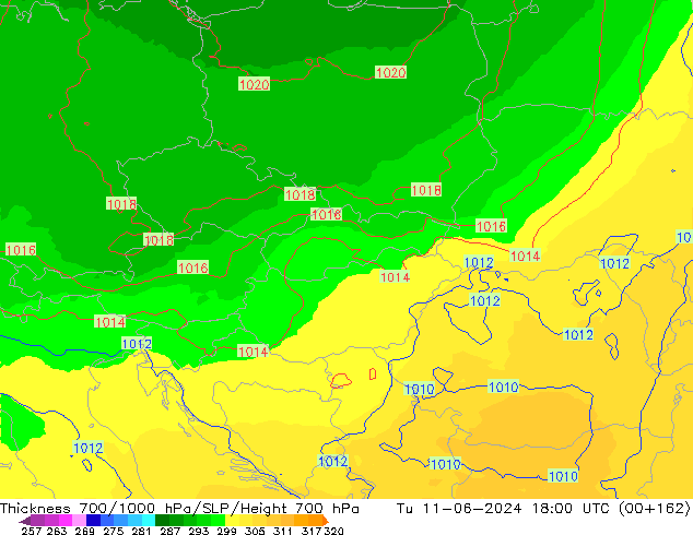 Thck 700-1000 hPa UK-Global Tu 11.06.2024 18 UTC