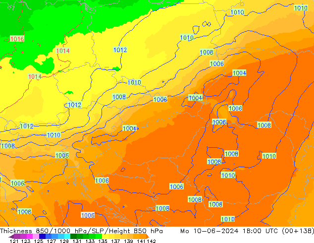 Espesor 850-1000 hPa UK-Global lun 10.06.2024 18 UTC