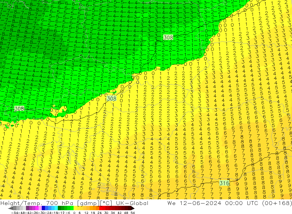 Height/Temp. 700 hPa UK-Global St 12.06.2024 00 UTC