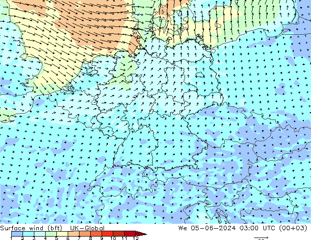 Wind 10 m (bft) UK-Global wo 05.06.2024 03 UTC