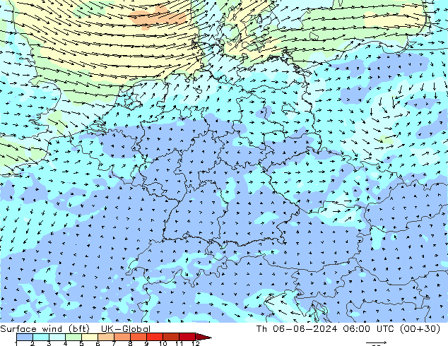 Wind 10 m (bft) UK-Global do 06.06.2024 06 UTC