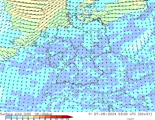 Vento 10 m (bft) UK-Global ven 07.06.2024 03 UTC