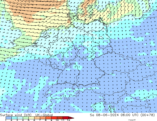 Surface wind (bft) UK-Global Sa 08.06.2024 06 UTC