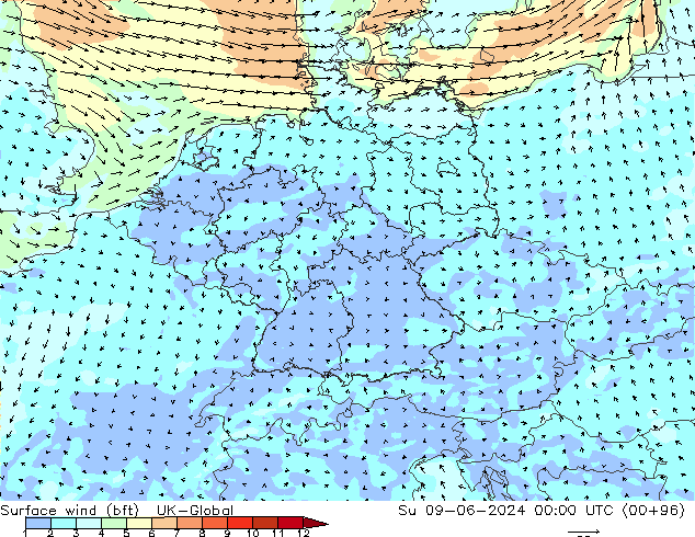  10 m (bft) UK-Global  09.06.2024 00 UTC