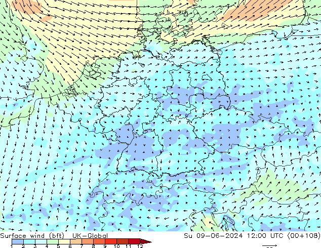 Surface wind (bft) UK-Global Su 09.06.2024 12 UTC