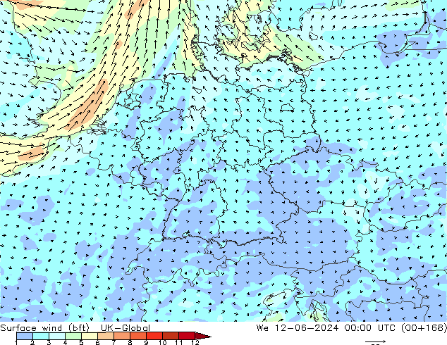 Vento 10 m (bft) UK-Global mer 12.06.2024 00 UTC