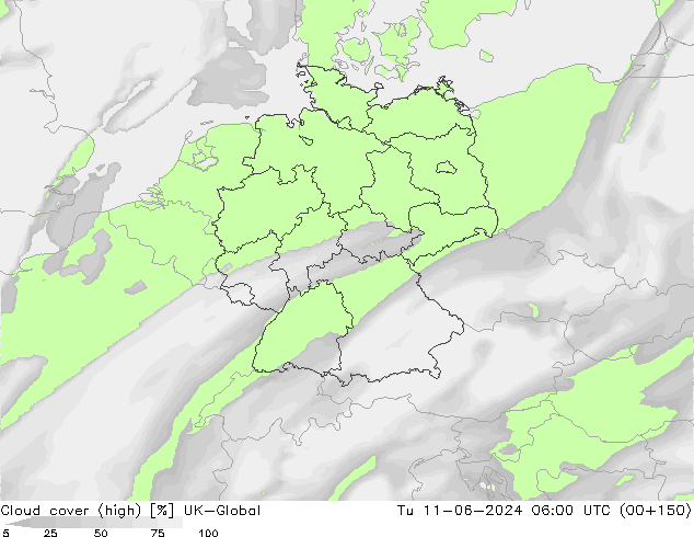 Cloud cover (high) UK-Global Tu 11.06.2024 06 UTC