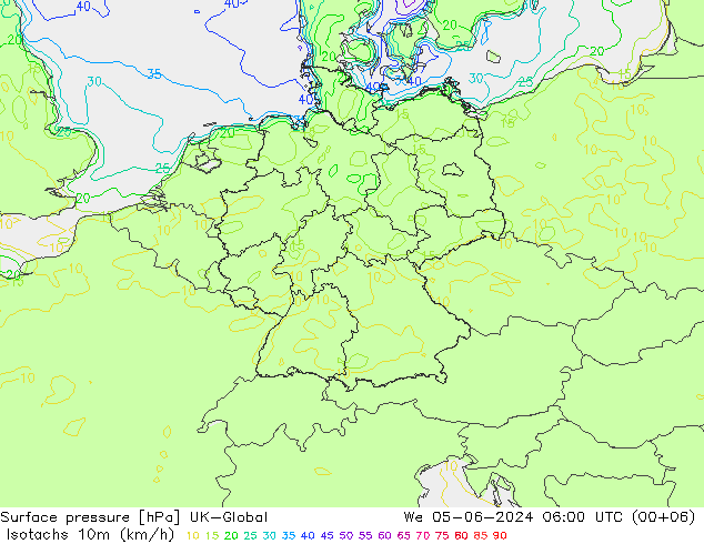 Isotachen (km/h) UK-Global Mi 05.06.2024 06 UTC