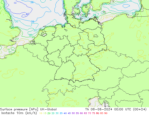 Isotachen (km/h) UK-Global Do 06.06.2024 00 UTC