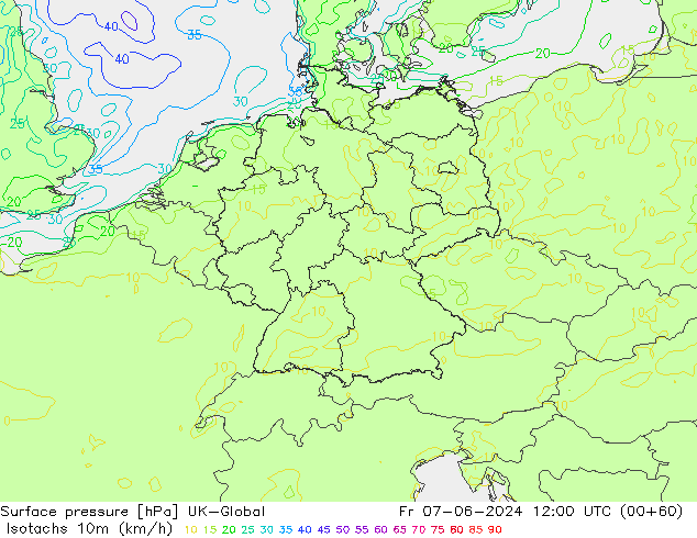 Izotacha (km/godz) UK-Global pt. 07.06.2024 12 UTC