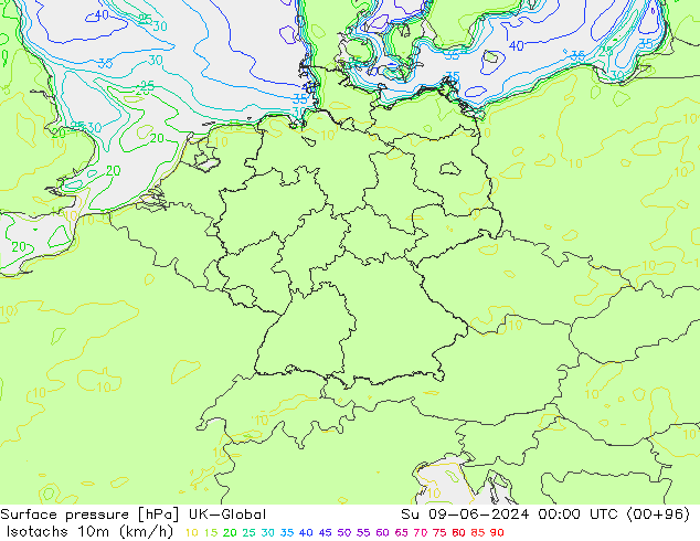 Isotachen (km/h) UK-Global zo 09.06.2024 00 UTC