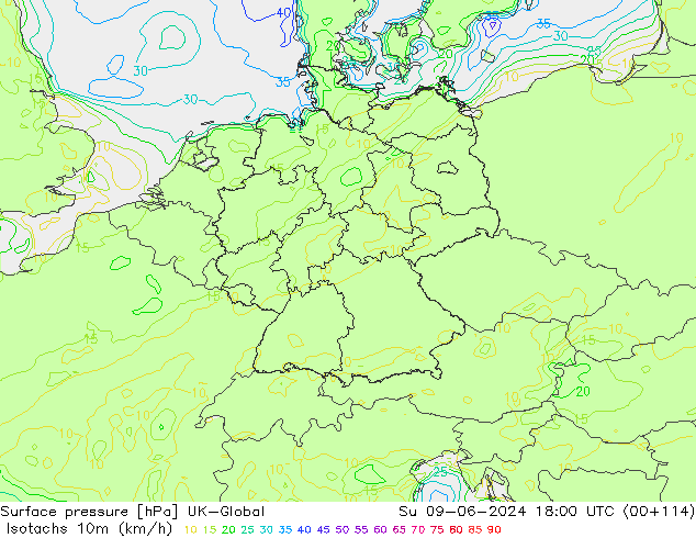 Isotachs (kph) UK-Global Su 09.06.2024 18 UTC