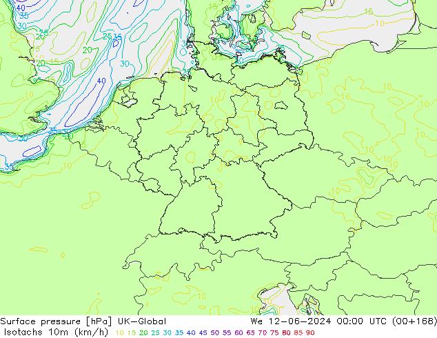 Isotachen (km/h) UK-Global Mi 12.06.2024 00 UTC