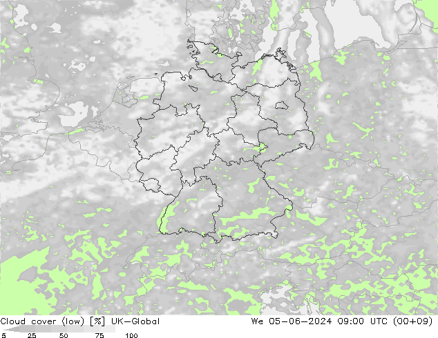 Cloud cover (low) UK-Global We 05.06.2024 09 UTC