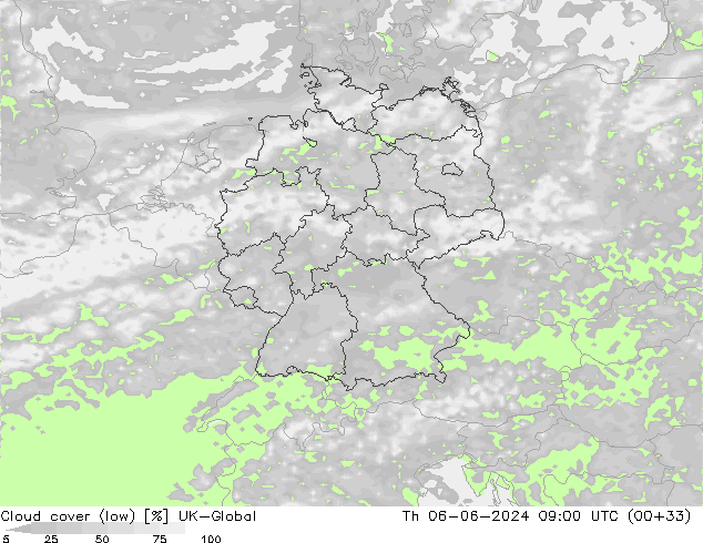 Cloud cover (low) UK-Global Th 06.06.2024 09 UTC