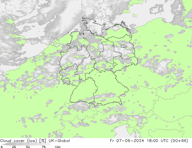 Cloud cover (low) UK-Global Fr 07.06.2024 18 UTC