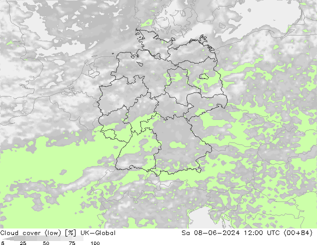 Cloud cover (low) UK-Global Sa 08.06.2024 12 UTC