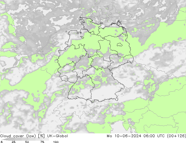 Cloud cover (low) UK-Global Mo 10.06.2024 06 UTC