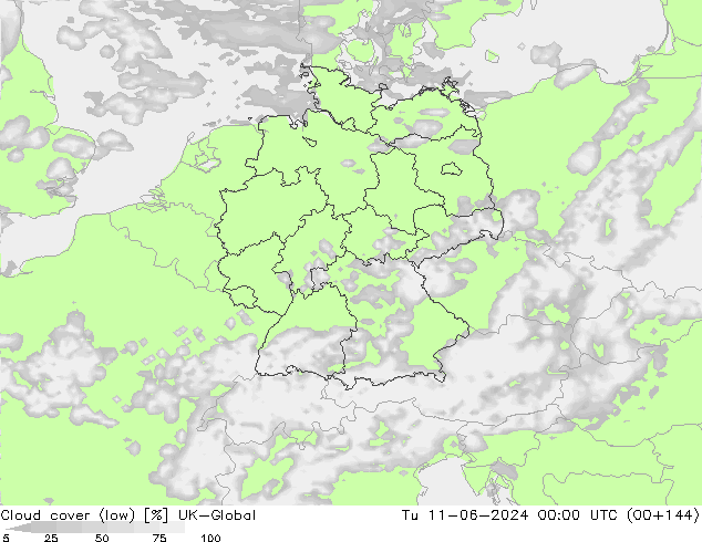 Cloud cover (low) UK-Global Tu 11.06.2024 00 UTC