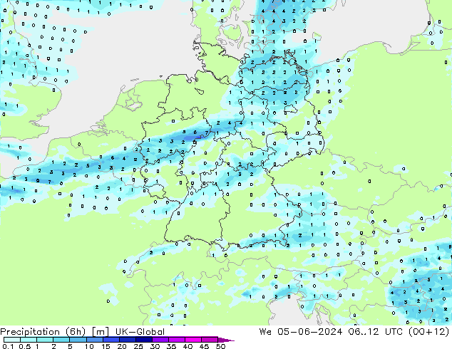 Précipitation (6h) UK-Global mer 05.06.2024 12 UTC