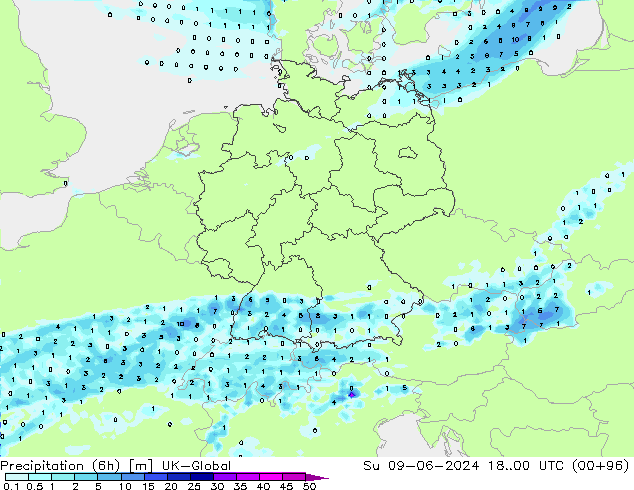 降水量 (6h) UK-Global 星期日 09.06.2024 00 UTC