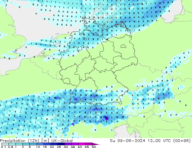 Precipitation (12h) UK-Global Su 09.06.2024 00 UTC