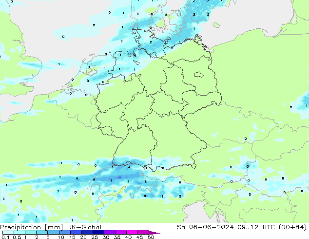 Precipitazione UK-Global sab 08.06.2024 12 UTC