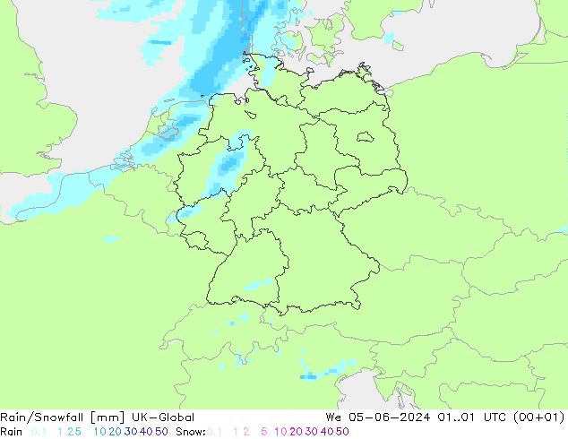 Rain/Snowfall UK-Global śro. 05.06.2024 01 UTC