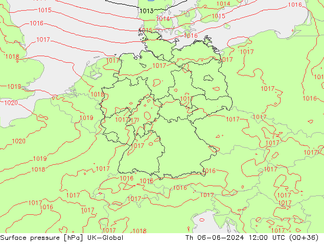 Presión superficial UK-Global jue 06.06.2024 12 UTC