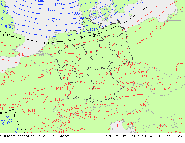 Pressione al suolo UK-Global sab 08.06.2024 06 UTC