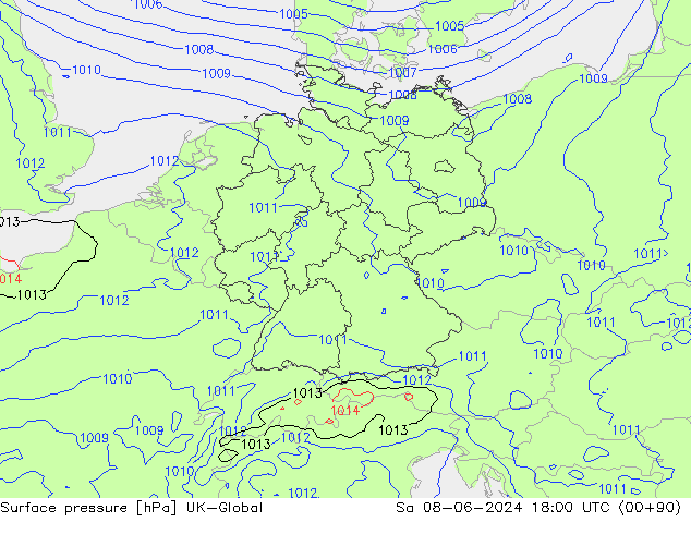 Pressione al suolo UK-Global sab 08.06.2024 18 UTC