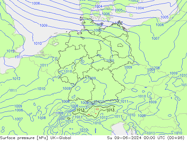 Surface pressure UK-Global Su 09.06.2024 00 UTC