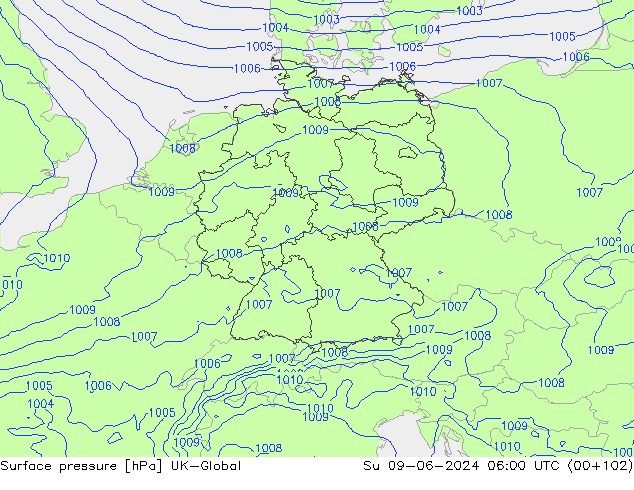 Pressione al suolo UK-Global dom 09.06.2024 06 UTC