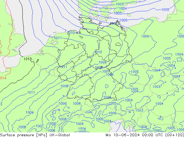 Surface pressure UK-Global Mo 10.06.2024 00 UTC