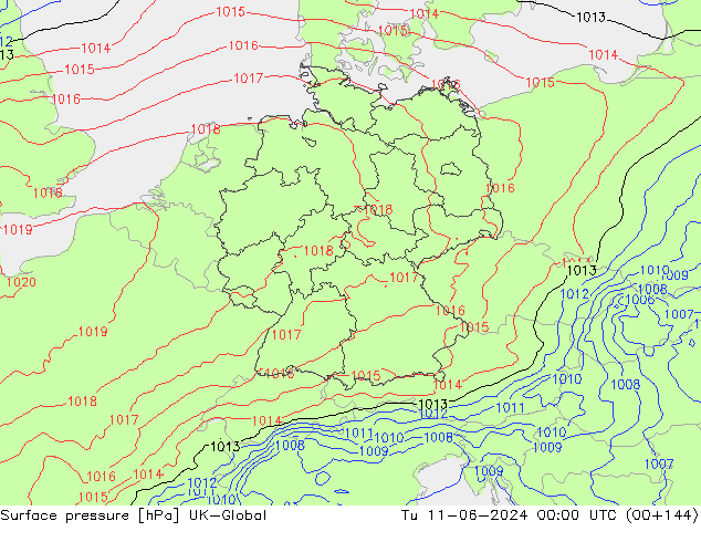 Surface pressure UK-Global Tu 11.06.2024 00 UTC