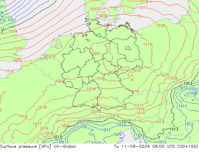 Atmosférický tlak UK-Global Út 11.06.2024 06 UTC