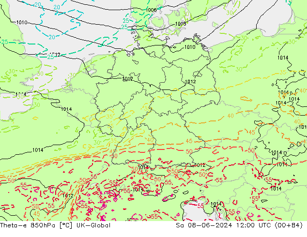 Theta-e 850hPa UK-Global Sáb 08.06.2024 12 UTC