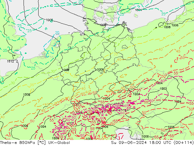 Theta-e 850hPa UK-Global Ne 09.06.2024 18 UTC