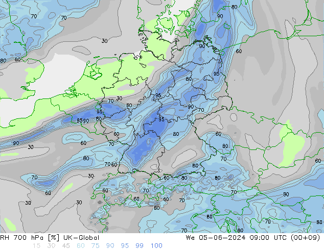 RH 700 hPa UK-Global mer 05.06.2024 09 UTC