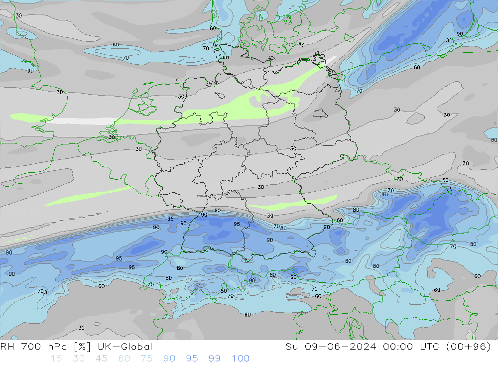 RH 700 hPa UK-Global Su 09.06.2024 00 UTC