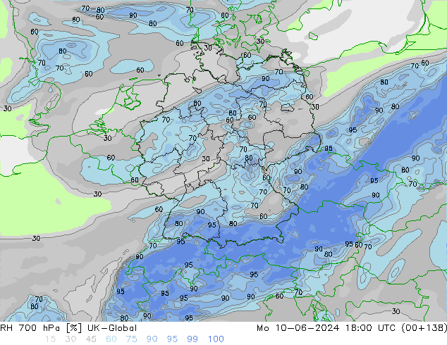 RH 700 hPa UK-Global pon. 10.06.2024 18 UTC