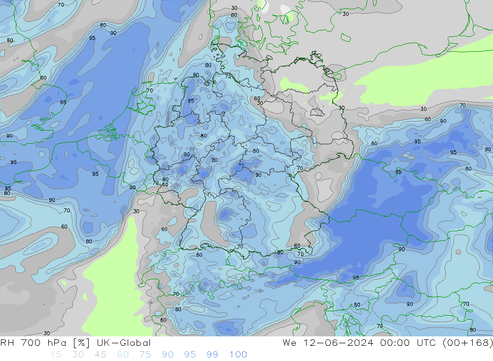 Humidité rel. 700 hPa UK-Global mer 12.06.2024 00 UTC