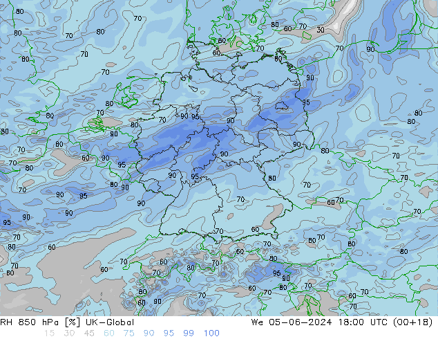 RH 850 hPa UK-Global We 05.06.2024 18 UTC