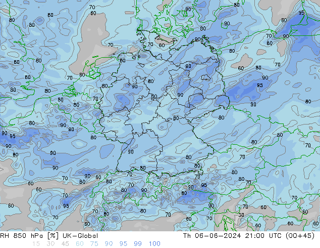 RH 850 гПа UK-Global чт 06.06.2024 21 UTC